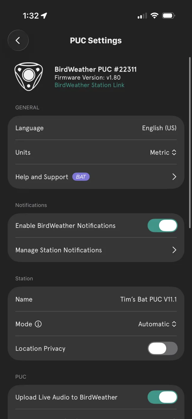 PUC Settings — note the BAT badge on Help and Support