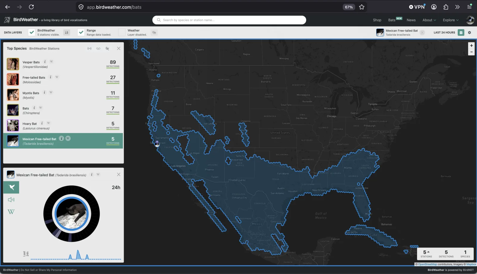 The Range layer — Mexican Free-tailed Bat distribution across North America